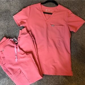 Figs Coral Pink Scrub Top and Drawstring Pants